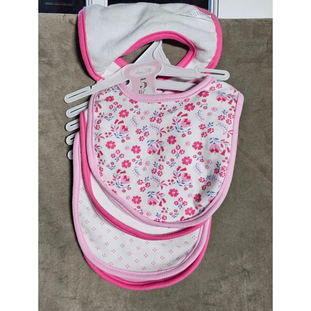 Rene Rofe Baby Bibs 5 Pack Pink White Floral Heart Polka‎ Dot Set